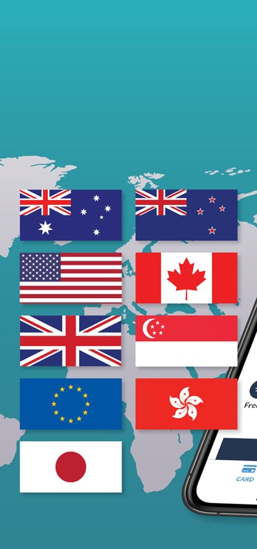 Flags for the currencies available on the Travelex Travel Money App NZ