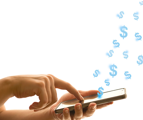 Dollar symbols fly out of a mobile phone